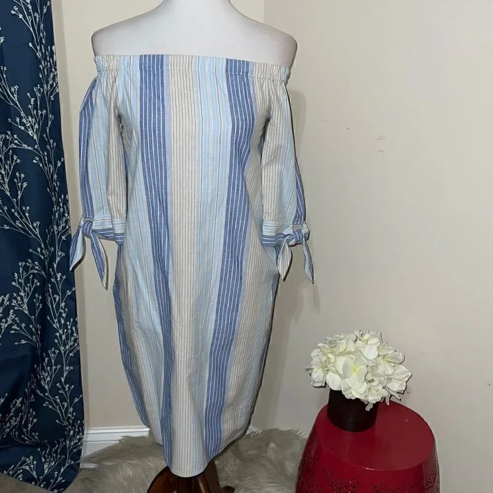 Lafayette 148 Natalya Caribbean Striped Dress Off-the-Shoulder Linen Blend sz P